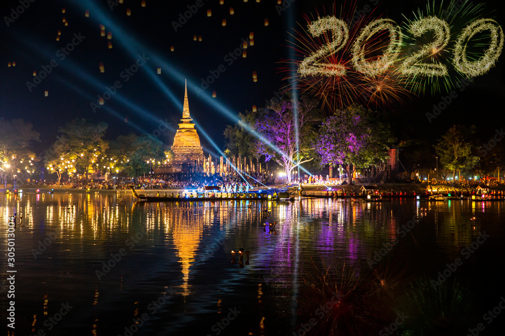 Beautiful New Year Firework 2020 Reflection Over Old Pagoda Loy Krathong Festival Sukhothai Thailand Amazing Historic Town. Colorful, city.