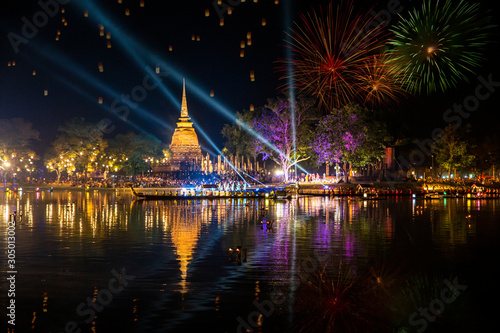 Beautiful Firework Reflection Over Old Pagoda Loy Krathong Festival Sukhothai Thailand Amazing Historic Town. Colorful, city.