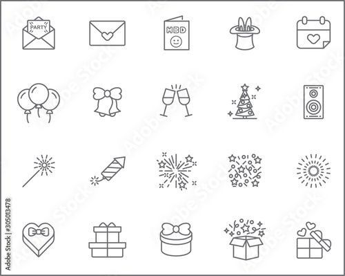 Set of party and celebration Icons line style. Included the icons as balloons, birthday, music, firework, gift,decoration  and more. customize color, stroke width control , easy resize.