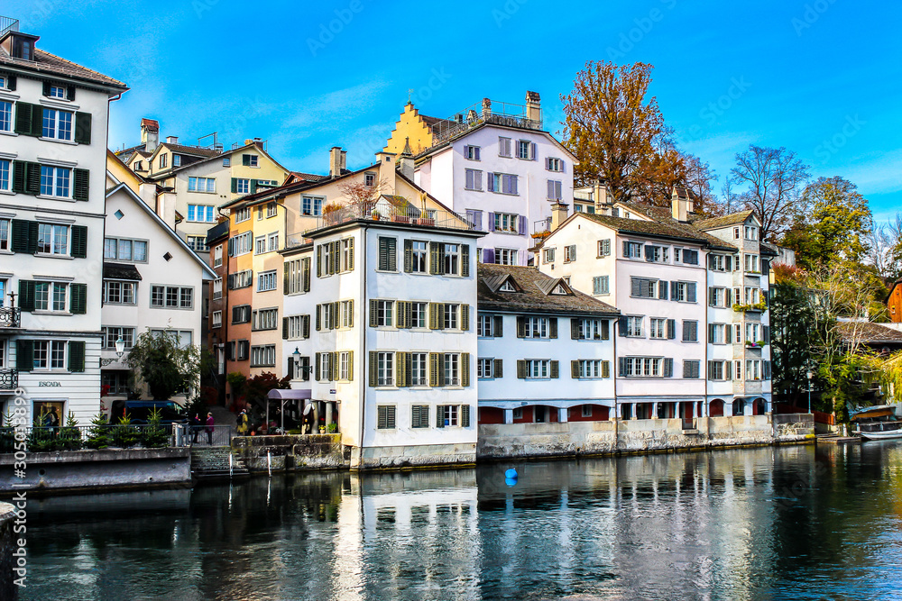 Embankment of Limmat river in Zurich, Switzerland.
