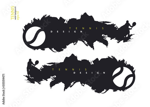 Set of grunge tennis designs. Horizontal sport banner. Abstract flying ball.