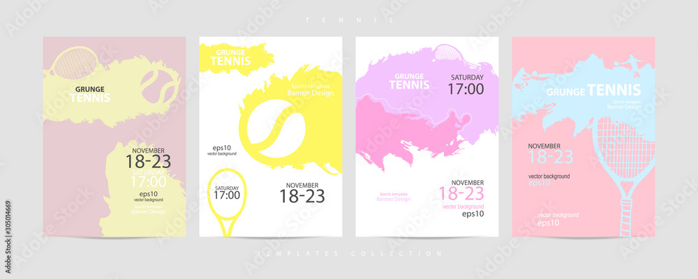 A colorful collection of tennis covers. Sports template, poster. Grunge style.