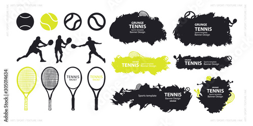 Abstract vector tennis. Collection of elements, grunge designs. Sports backgrounds with racket and ball. Set of templates for banners, flyers, posters.