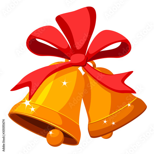 Two Christmas bells with red bow on a white.