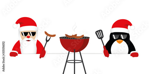 cute santa claus and penguin with sunglasses at christmas bbq vector illustration EPS10