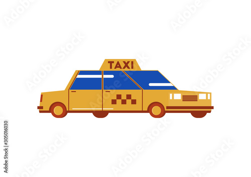 Simple yellow cab. Cartoon taxi on a white background. Side view. Flat vector.