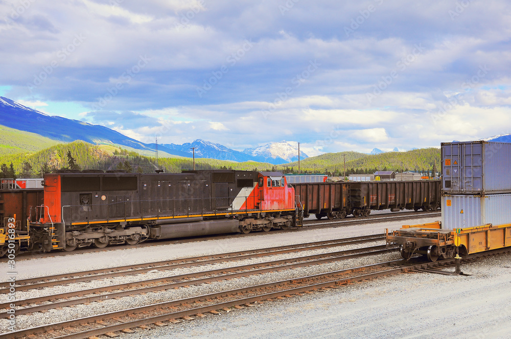 Freight container trains in Jasper. Alberta. Canada.