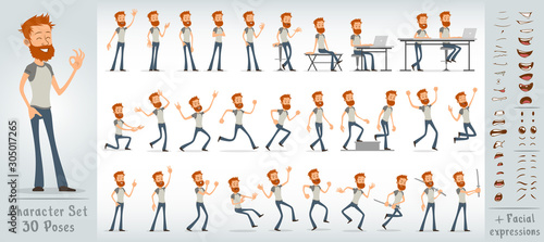 Cartoon flat cute funny redhead office boy character in t-shirt with beard. 30 different poses and face expressions. Isolated on white background. Big vector icon set.