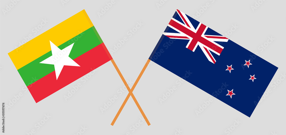 Crossed flags of Myanmar and New Zealand