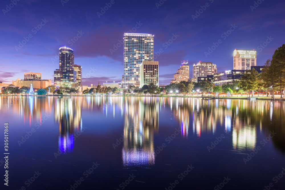 Orlando, Florida, USA downtown city skyline from Eola Park