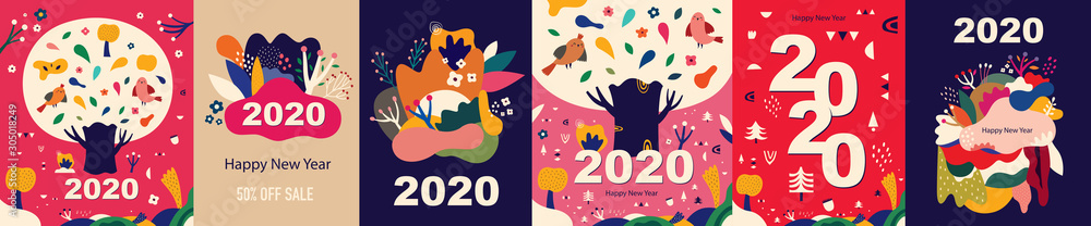 New Year illustrations with big tree and birds and set of abstract pattern New Year illustrations with big tree and birds and set of abstract pattern