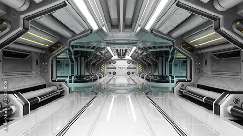 Sci-Fi space station corridor or white futuristic spaceship interior. 3d illustration