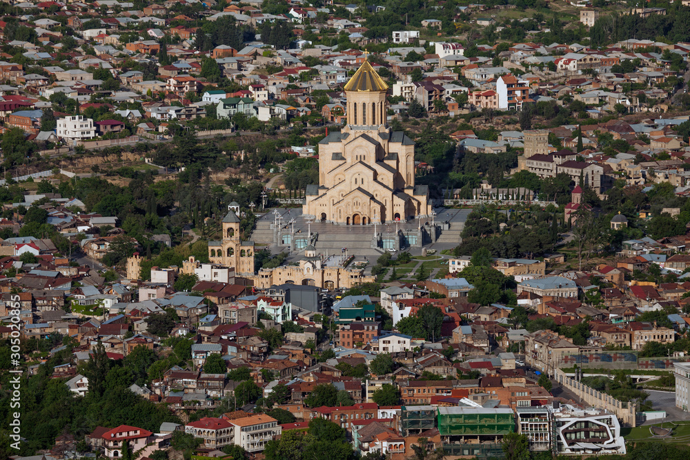 View from Mount Mtatsminda to the Holy Trinity Cathedral and Avlabari district in Tbilisi.