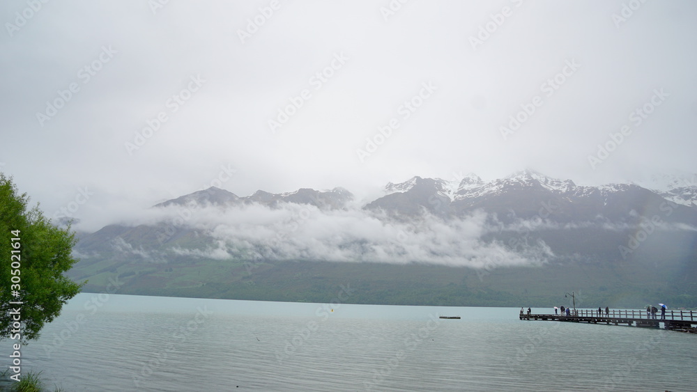 The heavy foggy and rainy weather in the spring time  in Glenorchy , New Zealand