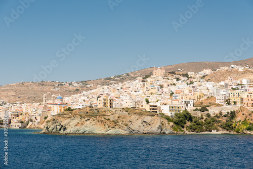 Syros island as seen when entering the port from the ship, Cyclades, Greece