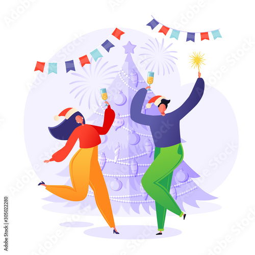 Cheerful people  friends or couple in love  wearing Santa hats dancing around decorated christmas tree with garlands. Celebrating New Year or Xmas party with champagne and sparkles. Winter holidays.