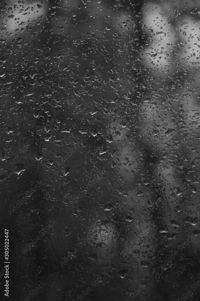Rain drops on the window with forest background Rain drops on the window with forest background