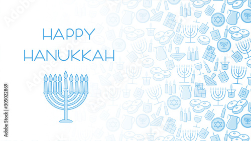 Hanukkah blue background with holiday candles, dreidels, Hebrew letters and David stars. Vector illustration for Jewish Festival of light.