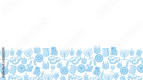 Happy Hanukkah greeting card template design. Holiday symbols: menorah (candlestick), candles, donuts, gifts, dreidel. Hand drawn vector illustration