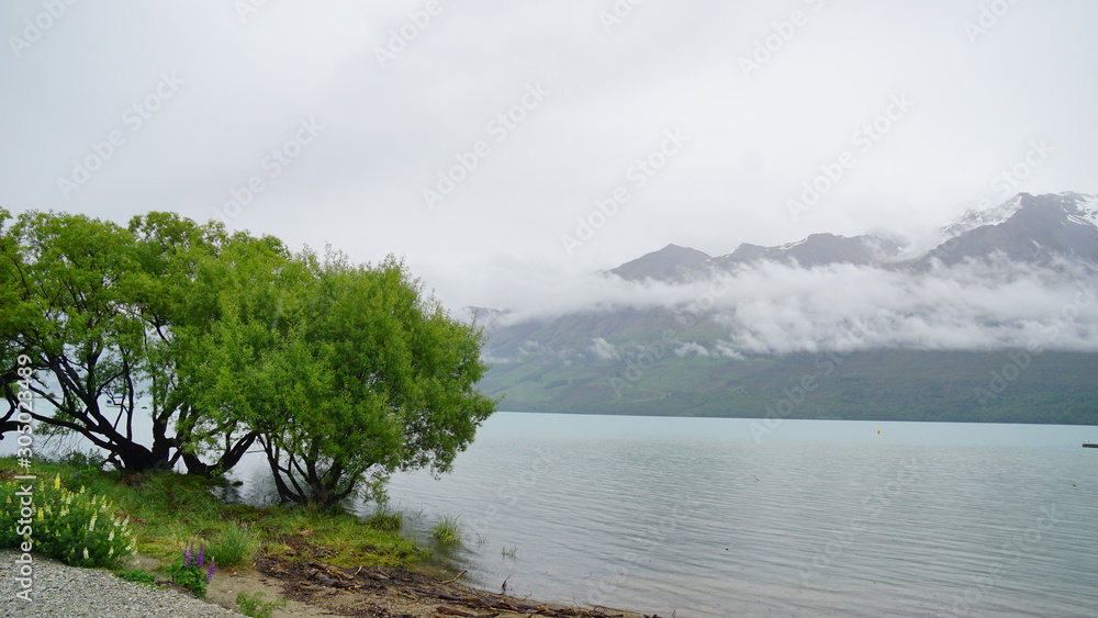 The foggy and rainy weather in the country  side of Glenorchy in New Zealand