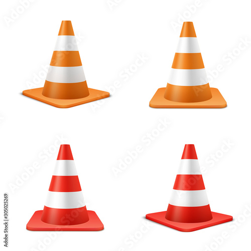 Red and orange road cones realistic illustrations set