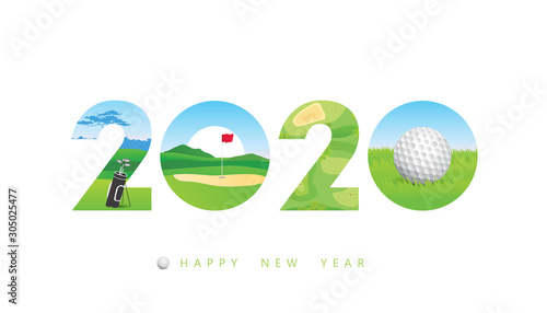 Vector Happy New Year 2020  text design with golf concept isolated on white background.