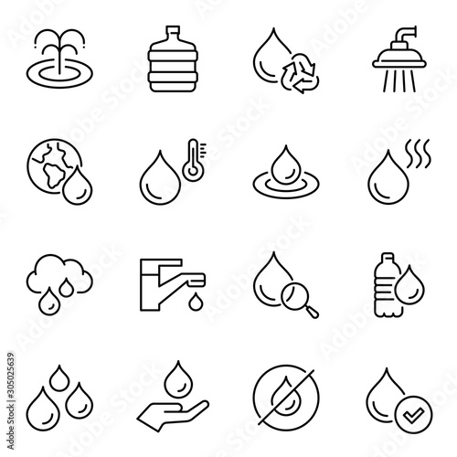 Water usage thin line contour icons set