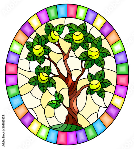 Illustration in stained glass style with an apple tree standing alone on a hill against the sky