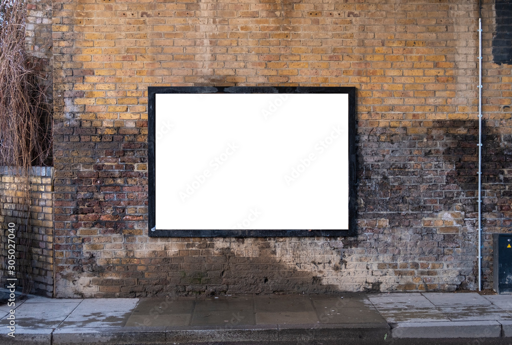 Billboard blank on brick wall near road for outdoor advertising poster artwork mockup Billboard blank on brick wall near road for outdoor advertising poster artwork mockup