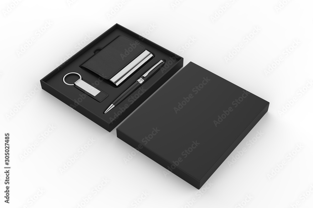Visiting card holder, key chain and pen gift set box, 3d render illustration. Visiting card holder, key chain and pen gift set box, 3d render illustration.