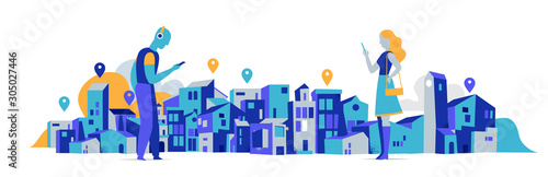 Couple of cartoon man and woman using online navigation app. Cityscape background with gps pointers - Vector