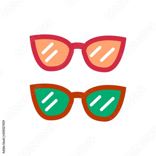 A pair of sunglasses on a white background with bics. Pink and green color. Women's Summer Accessory Icon vector