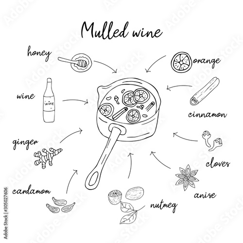 Mulled wine recipe in doodle style, hot drink in winter, poster for cafe, menu. Spice set, cardamom, cinnamon stick, nutmeg, anise star, honey, ginger, orange. Warming drink. Illustration vector