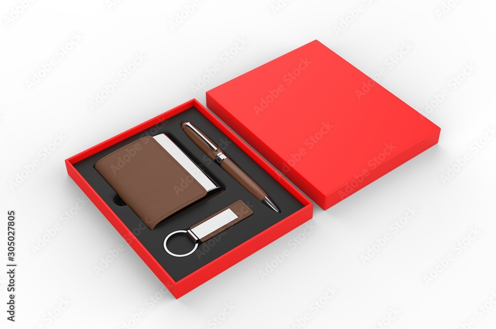 Visiting card holder, key chain and pen gift set box, 3d render illustration. Visiting card holder, key chain and pen gift set box, 3d render illustration.