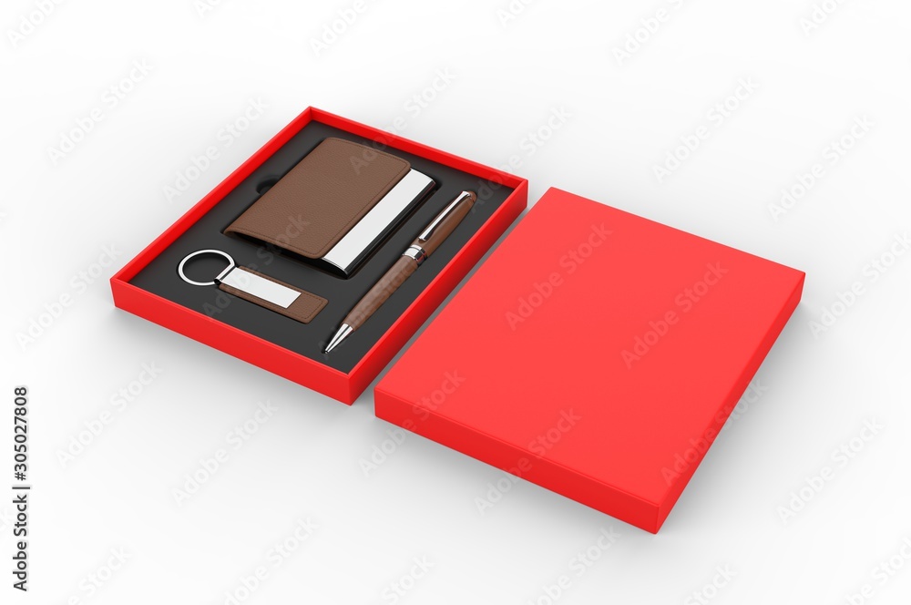 Visiting card holder, key chain and pen gift set box, 3d render illustration. Visiting card holder, key chain and pen gift set box, 3d render illustration.