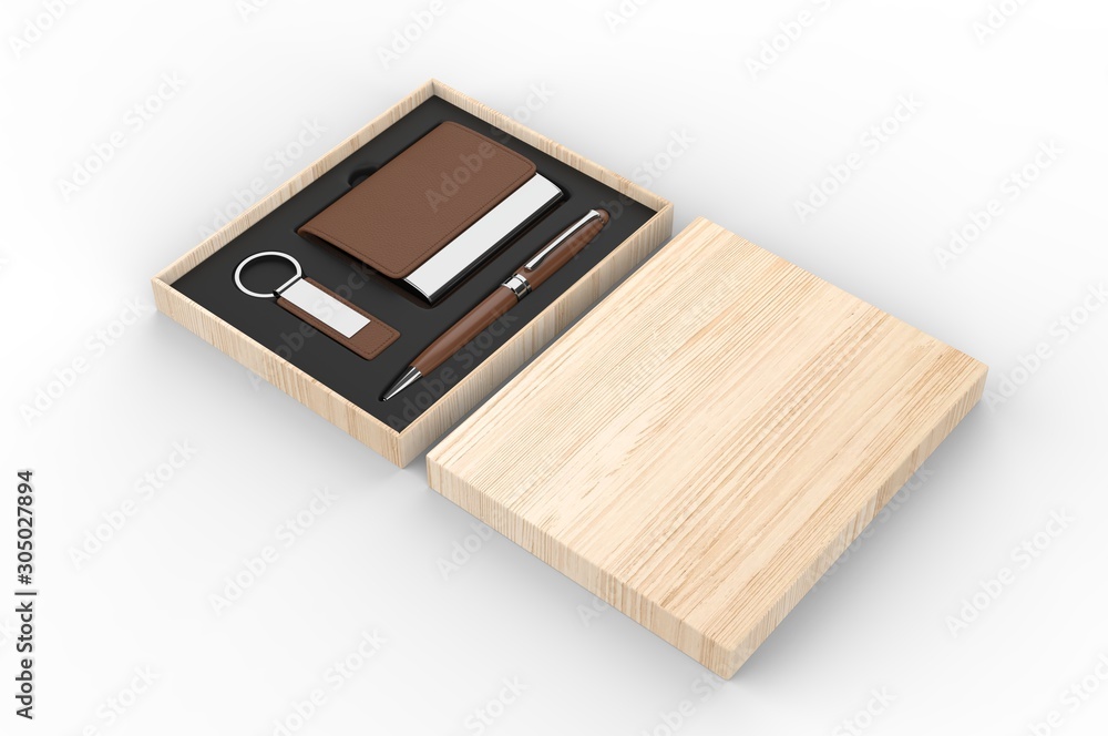 Visiting card holder, key chain and pen gift set box, 3d render illustration. Visiting card holder, key chain and pen gift set box, 3d render illustration.