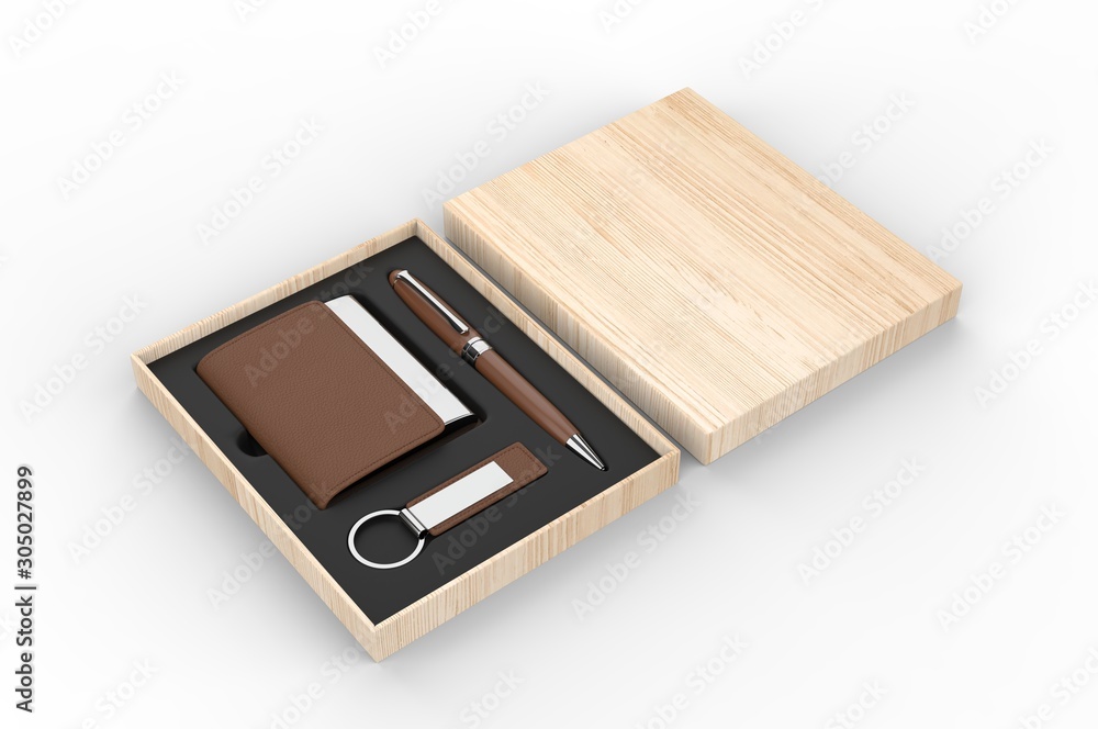 Visiting card holder, key chain and pen gift set box, 3d render illustration. Visiting card holder, key chain and pen gift set box, 3d render illustration.