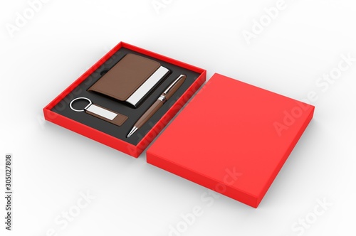 Visiting card holder, key chain and pen gift set box, 3d render illustration.