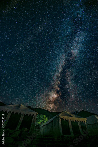Milkyway galaxy shining above illuminated tents near pangong lake, ladakh