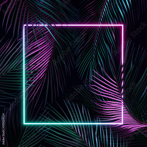 Tropical leaves with violet and blue neon light. 3d rendering