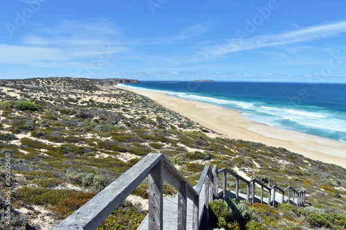 Wooden Stairway to the Beach, Dunes & Turquoise Ocean from Summit of West Cape in Innes National Park, Yorke Peninsula in South Australia, Australia photo