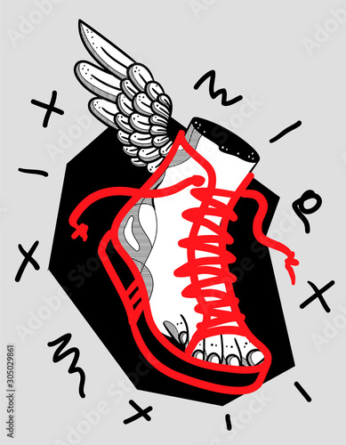 Hermes foot sculpture. Crazy red style. Sneaker shoe with wing.
