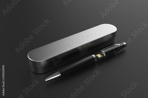 Blank Ballpoint pen with integrated USB stick with tin box packaging for promotional branding. 3d render illustration.