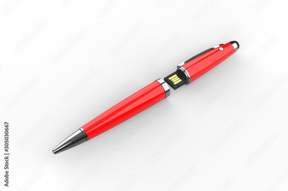 Blank Ballpoint pen with integrated USB stick packaging for promotional branding. 3d render illustration. Blank Ballpoint pen with integrated USB stick packaging for promotional branding. 3d render illustration.