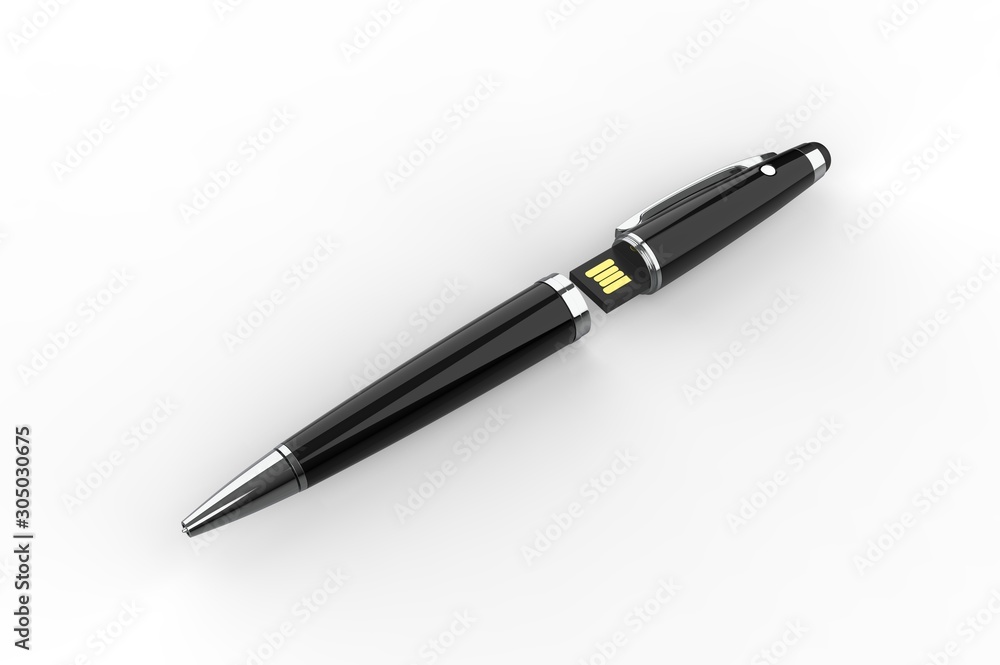 Blank Ballpoint pen with integrated USB stick packaging for promotional branding. 3d render illustration. Blank Ballpoint pen with integrated USB stick packaging for promotional branding. 3d render illustration.