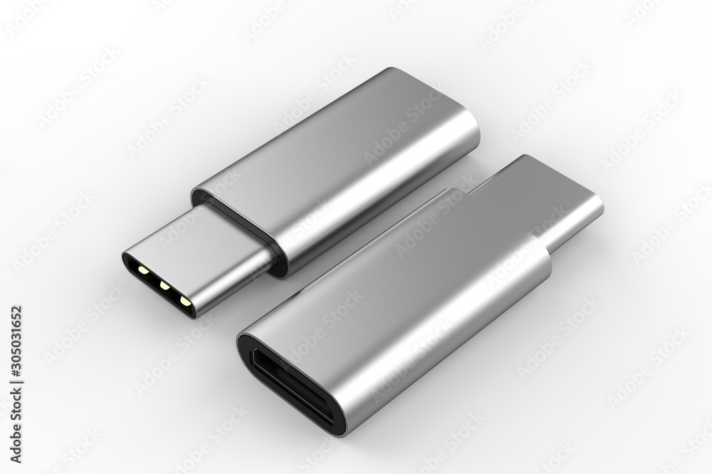 Blank Micro USB Adapter Data Charging Converter Cable Connector Android to USB Type C For Branding. 3d render illustration. Blank Micro USB Adapter Data Charging Converter Cable Connector Android to USB Type C For Branding. 3d render illustration.