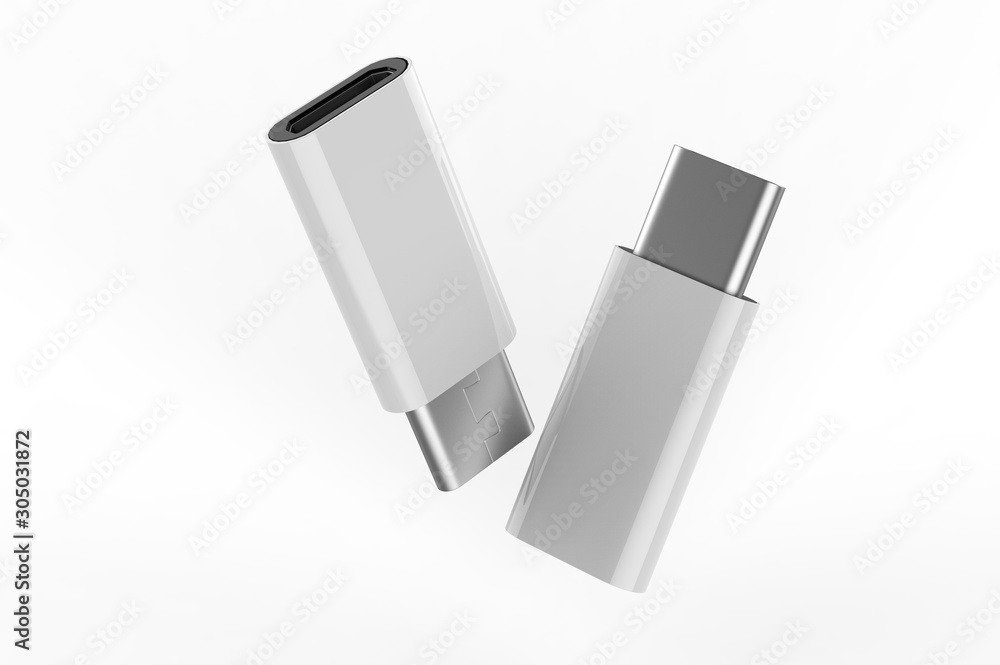 Blank Micro USB Adapter Data Charging Converter Cable Connector Android to USB Type C For Branding. 3d render illustration. Blank Micro USB Adapter Data Charging Converter Cable Connector Android to USB Type C For Branding. 3d render illustration.