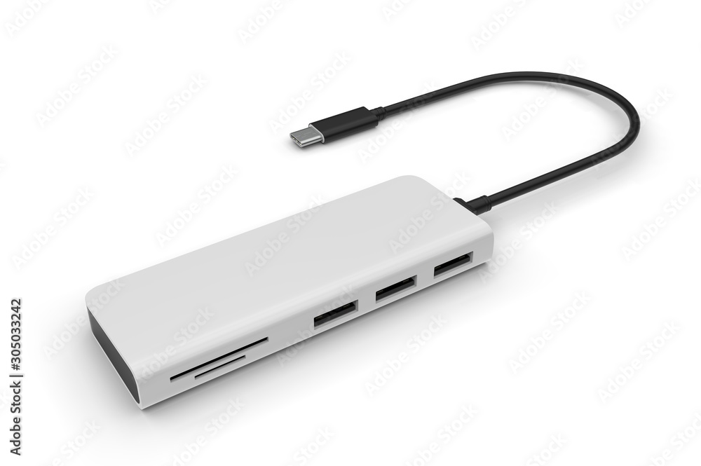 Multi functional USB-C Hub station for promotional branding. 3d render illustration. Multi functional USB-C Hub station for promotional branding. 3d render illustration.
