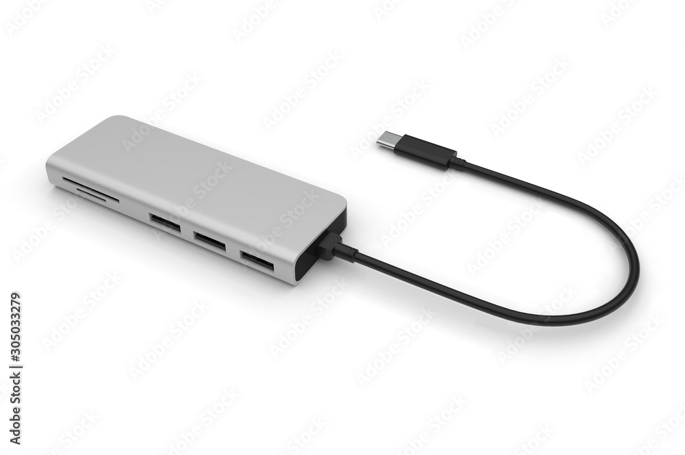 Multi functional USB-C Hub station for promotional branding. 3d render illustration. Multi functional USB-C Hub station for promotional branding. 3d render illustration.