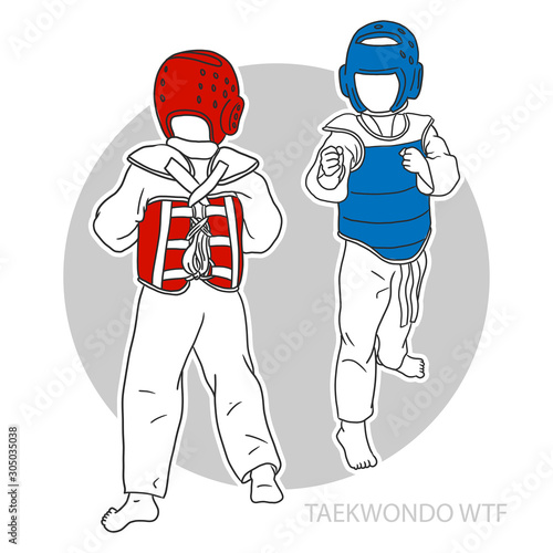 Illustration of taekwondo kids  on a gray circle background